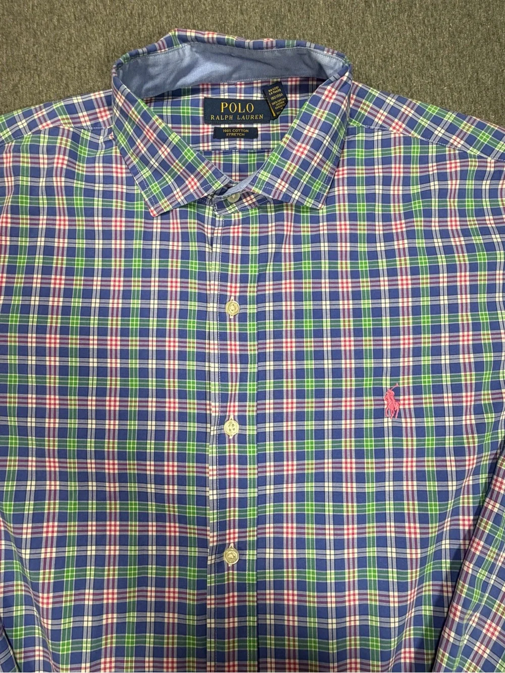 Polo Ralph Lauren Shirt Mens L Blue Pink Green Plaid 100% Cotton Stretch Pony